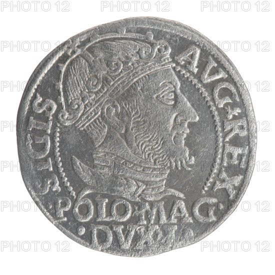 Lithuanian grosz on a Polish foot, Sigismund II Augustus (King of Poland; 1544–1572). Polish coin (1547), Grand Duchy of Lithuania. Obverse: Crowned male royal bust in armor turned right, inscription in half-circle 'SIGIS-AVG.REX' above and horizontally in two lines '.POLO.MAG./.DVX.' at bottom. Reverse: Lithuanian Pogon turned left, below a crown dividing the date '15 - 47', a tied monogram composed of the letters SA and the Columns of Gediminas coat of arms, which divide the rim inscription 'MONETA.MAGNI.DVCA.LITVA'. Diameter ~22.0–22.7 mm; weight 1.85 g.