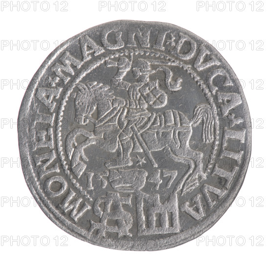 Lithuanian grosz on a Polish foot, Sigismund II Augustus (King of Poland; 1544–1572). Polish coin, Jagiellon dynasty. Obverse: Crowned male bust in armor turned right, inscription in half-circle: SIGIS-AVG.REX; below in two lines: POLO.MAG./DVX. Reverse: Lithuanian Pogon (coat of arms) turned left, below a crown dividing the date 15-47, a tied monogram composed of the letters SA and the Columns of Gediminas (coat of arms of Lithuania) dividing the rim inscription: MONETA.MAGNI.DVCA.LITVA. Date: 1547. Diameter ca. 22.0–22.7 mm. Weight 1.85 g.