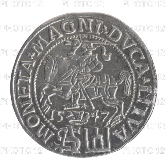 Lithuanian grosz on a Polish foot, Sigismund II Augustus (King of Poland; 1544–1572). Polish coin, Jagiellon dynasty. Obverse: Crowned royal bust in armor turned right, inscription in a half-circle: SIGIS - AVG.REX; at bottom in two lines: .POLO.MAG./.DVX.L. Reverse: Lithuanian Pogon (coat of arms) turned left, below a crown dividing the date 15 - 47; tied monogram SA and Columns of Gediminas (coat of arms of Lithuania) dividing the rim inscription: MONETA.MAGNI.DVCA.LITVA. Dated 1547. Diameter approx. 22.5–22.6 mm; weight 1.75 g.