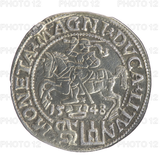 Lithuanian grosz on a Polish foot, Sigismund II Augustus (King of Poland; 1544–1572). Polish coin (1548). Obverse: Crowned male royal bust in armor turned right, inscription in a half-circle: SIGIS - AVG.REX; at bottom in two lines: .POLO.MAG./.DVX.L. Reverse: Lithuanian Pogon (coat of arms) turned left, below a crown dividing the date 15 - 48; monogram of letters SA and the Columns of Gediminas (coat of arms of Lithuania) dividing the rim inscription: MONETA.MAGNI.DVCA.LITVA. Diameter c. 22.7–23.0 mm; weight c. 2 g.