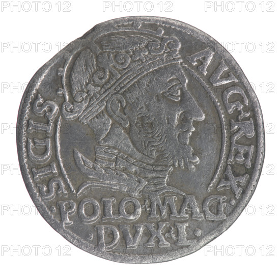 Lithuanian grosz on a Polish foot, Sigismund II Augustus (King of Poland; 1544–1572). Polish coin, 1548. Obverse: Crowned male royal bust in armor turned right, inscription in a half-circle 'SIGIS - AVG.REX' above and '.POLO.MAG./.DVX.L.' in two lines at bottom. Reverse: Lithuanian Pogon (coat of arms) turned left, below a crown dividing the date '15 - 48', a tied monogram composed of the letters SA and the Columns of Gediminas (coat of arms of Lithuania), with rim inscription 'MONETA.MAGNI.DVCA.LITVA'. Jagiellon dynasty; iconography includes emblems, monograms (tied monogram SA). Minted in Vilnius, Grand Duchy of Lithuania. Coin; diameter approx. 22.5–23.0 mm; weight 1.9 g.
