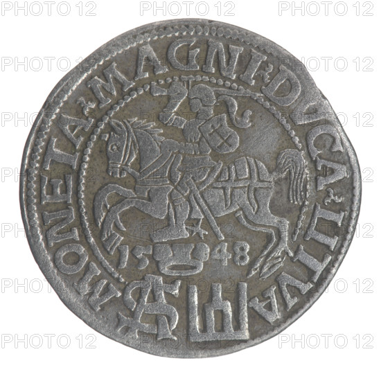 Lithuanian grosz on a Polish foot, Sigismund II Augustus (King of Poland; 1544–1572). Polish coin, 1548. Obverse: Crowned royal bust in armor turned right, inscription SIGIS-AVG.REX above and .POLO.MAG./.DVX.L. in two lines below. Reverse: Lithuanian Pogon (coat of arms) turned left, below a crown dividing the date 15-48, tied SA monogram and Columns of Gediminas coat of arms, rim inscription MONETA.MAGNI.DVCA.LITVA. Diameter ca. 22.5–23.0 mm; weight 1.9 g.