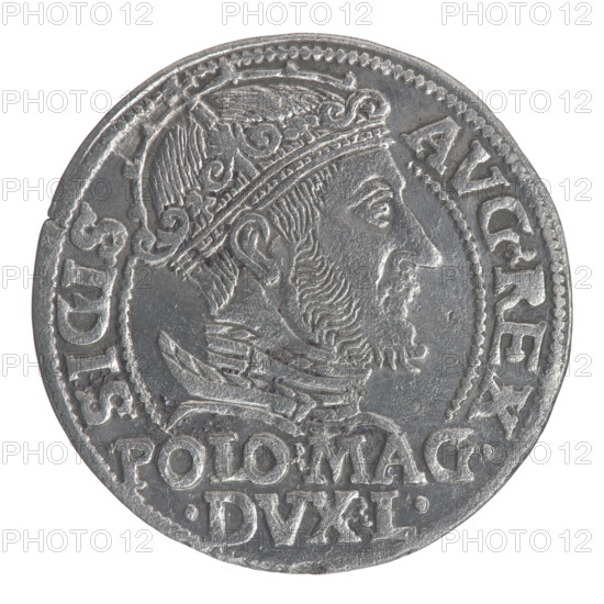 Lithuanian grosz on a Polish foot, Sigismund II Augustus (King of Poland; 1544–1572). Polish coin, 1548. Obverse: Crowned male bust in armor turned right, inscription in a half-circle: SIGIS-AVG.REX; at bottom in two lines: .POLO.MAG./.DVX.L. Reverse: Lithuanian Pogon turned left, below a crown dividing the date 15-48, a tied monogram composed of the letters SA and the Columns of Gediminas coat of arms, which divide the rim inscription: MONETA.MAGNI.DVCA.LITVA. Diameter ca. 22.8–23.2 mm; weight 2.05 g.