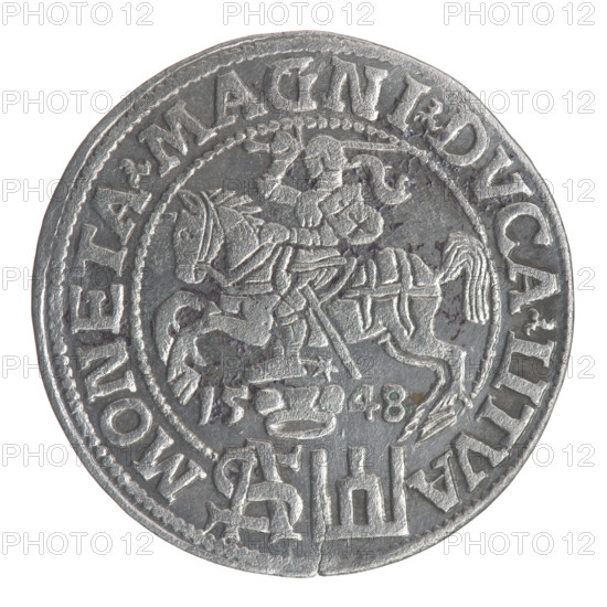Lithuanian grosz on a Polish foot, Sigismund II Augustus (King of Poland; 1544–1572). Polish coin, 1548. Obverse: Crowned male bust in armor turned right, inscription in half-circle: SIGIS - AVG.REX; below in two lines: .POLO.MAG./.DVX.L. Reverse: Lithuanian Pogon (mounted knight) turned left, below a crown dividing the date 15 - 48, a tied monogram composed of the letters SA and the Columns of Gediminas coat of arms, which divide the rim inscription: MONETA.MAGNI.DVCA.LITVA. Diameter approx. 22.8–23.2 mm; weight 2.05 g.