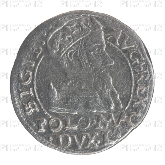 Lithuanian grosz on a Polish foot, Sigismund II Augustus (King of Poland; 1544–1572). Obverse: Crowned male bust in armour turned right, separating an inscription in a half-circle at the top: SIGIS·AVG·REX; at the bottom horizontally in two lines: POLO·MAG / DVX·L. Reverse: Lithuanian Pogon (Pursuit) facing left; below the crown dividing the date 15 - 66; a tied monogram consisting of the letters SA and the Jastrzebiec coat of arms, which divide the rim inscription: MONETA·MAGNI·DVCA·LITV. Maker: Myszkowski, Stanislaw (?-1570). Iconography: royal busts, monograms (SA), coats of arms (Pogon, Jastrzebiec). Date: 1566, struck in Tykocin, Grand Duchy of Lithuania. Coin; diameter ~22.2–22.8 mm; weight 1.84 g.
