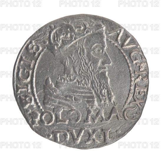 Lithuanian grosz on a Polish foot, Sigismund II Augustus (King of Poland; 1544–1572). Obverse: Crowned male bust in armour turned right, inscription in a half-circle at top: SIGIS - AVG.REX; at bottom in two horizontal lines: .POLO, MAG./.DVX.L. Reverse: Lithuanian Chase (Pogon) turned left; below and under the crown dividing the date 15 - 66 a tied monogram composed of the letters SA and the Jastrzebiec coat of arms, which divide the inscription in the rim: MONETA.MAGNI.DVCA.LIT. Monograms, tied monogram SA. Jagiellon dynasty iconography, coats of arms, royal bust; minted 1566, Tykocin, Grand Duchy of Lithuania. Coin; diameter ca. 21.4–21.8 mm; weight 1.69 g.