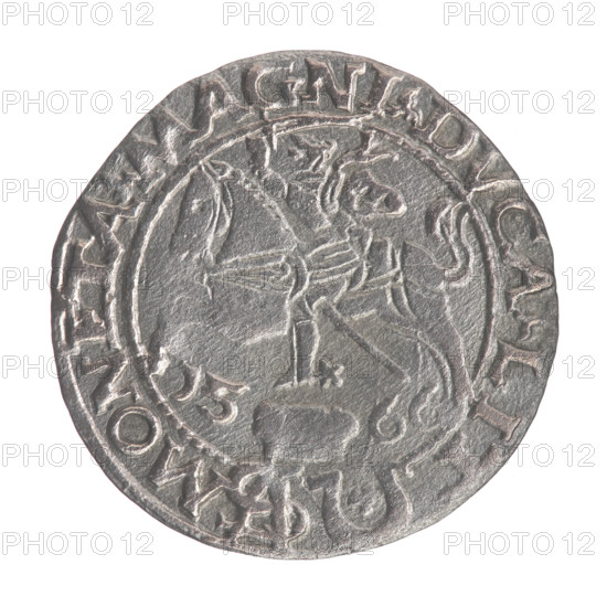 Lithuanian grosz on a Polish foot, Sigismund II Augustus (King of Poland; 1544–1572). Obverse: Crowned male bust in armour turned right, separating the inscription in a half-circle at the top: SIGIS - AVG.REX; at the bottom horizontally in two lines: .POLO, MAG./.DVX.L. Reverse: Lithuanian Chase (Pogon) turned left; below, under the crown, dividing the date 15 - 66, a tied monogram composed of the letters SA and the Jastrzebiec coat of arms, which divide the rim inscription: MONETA.MAGNI.DVCA.LIT. Dated 1566, Tykocin, Grand Duchy of Lithuania. Coin; dia. ~21.4–21.8 mm; weight 1.69 g. Maker: Myszkowski, Stanislaw (?-1570). Subjects/styles: Polish coins; Jagiellon dynasty; coats of arms; royal/male busts; monograms (tied SA); Columns of Gediminas.
