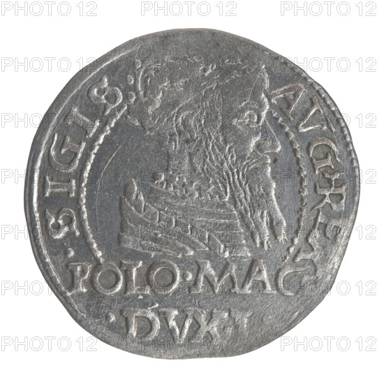 Lithuanian grosz on a Polish foot, Sigismund II Augustus (King of Poland; 1544–1572). Polish coin, Jagiellon dynasty. Obverse: Crowned male royal bust in armor turned right, inscription in half-circle: .SIGIS - AVG.REX; below horizontally in two lines: POLO.MAG./.DVX.L. Reverse: Lithuanian Pogon (coat of arms) turned left, below a crown dividing the date 15 - 66; monogram of the letters SA and the Columns of Gediminas (coat of arms of Lithuania) which divide the rim inscription: MONETA.MAGNI, CA.LIT. Date: 1566. Place: Vilnius, Grand Duchy of Lithuania, Poland. Coin, diameter approx. 22.2–22.7 mm, weight 1.85 g.
