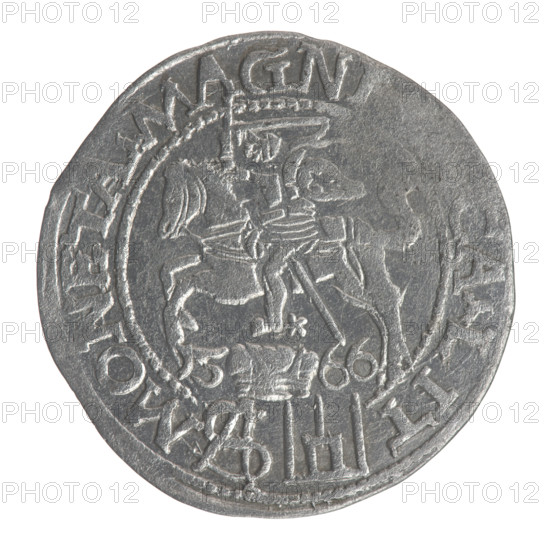 Lithuanian grosz on a Polish foot, Sigismund II Augustus (King of Poland; 1544–1572). Polish coin, Jagiellon dynasty. Obverse: Crowned male royal bust in armor turned right, inscription in a half-circle: .SIGIS - AVG.REX; at bottom in two lines: POLO.MAG./.DVX.L. Reverse: Lithuanian Pogon (coat of arms) turned left, below a crown dividing the date 15 - 66, a tied monogram consisting of the letters SA and the Columns of Gediminas (coat of arms of Lithuania), which divide the rim inscription: MONETA.MAGNI, CA.LIT. Date: 1566. Place: Vilnius, Grand Duchy of Lithuania (Poland–Lithuania). Coin, diameter ~22.2–22.7 mm, weight 1.85 g.