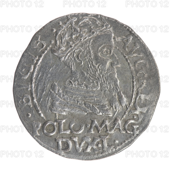Lithuanian grosz on a Polish foot, Sigismund II Augustus (King of Poland; 1544–1572). Polish coin of the Jagiellonian dynasty. Obverse: crowned male (royal) bust in armour turned right, separating a half-circle inscription: SIGIS·AVG·REX; below in two lines: POLO·MAG / DVX·L. Reverse: Lithuanian Pogon (Chase) turned left; below, under the crown dividing the date 15-66, a tied monogram composed of the letters SA and the Columns of Gediminas coat of arms, which divide the rim inscription: MO·MAGNI·DVCA·LI. Date: 1566. Place: Vilnius, Grand Duchy of Lithuania (Poland–Lithuania). Coin; diameter 21.6–22.2 mm; weight 1.82 g.