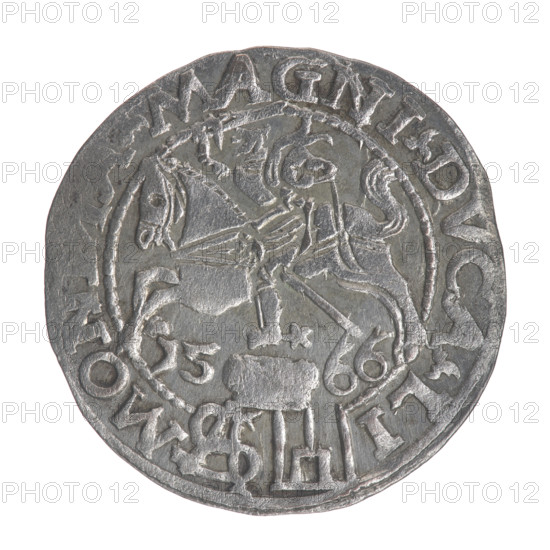 Lithuanian grosz on a Polish foot, Sigismund II Augustus (King of Poland; 1544–1572). Polish coin (1566). Obverse: Crowned male bust in armour turned right, separating inscription in a half-circle at top: SIGIS·AVG·REX, and at bottom in two lines: POLO·MAG / DVX·L. Reverse: Lithuanian Pogon (Chase) turned left; below, under the crown, dividing the date 15–66, a tied monogram composed of the letters SA and the Columns of Gediminas coat of arms, which divide the rim inscription: MO·MAGNI·DVCA·LI. Diameter ca. 21.6–22.2 mm; weight 1.82 g.