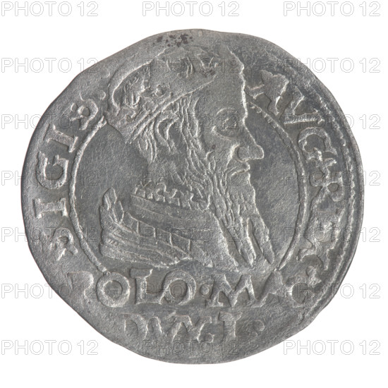 Lithuanian grosz on a Polish foot, Sigismund II Augustus (King of Poland; 1544–1572); Myszkowski, Stanislaw (?-1570); Polish coins; Jagiellonians (dynasty); coats of arms; Pogon (coat of arms; Lithuania); male busts; royal bust; Sigismund II Augustus (King of Poland; 1520–1572) — iconography; monograms; tied monograms; monogram SA. Obv.: Crowned male bust in armour turned right, separating an inscription in a half-circle at the top: SIGIS-AVG.REX; at the bottom horizontally in two lines: OLO.MAG / VX.L. Rev.: Lithuanian Pogon (Pursuit) turned left; below, under the crown dividing the date 15-66, a tied monogram composed of the letters SA and the Jastrzebiec coat of arms, which divide the inscription on the rim: MONETA.MAGNI.DVCA.LI. 1566, Tykocin, Grand Duchy of Lithuania. Coin; diameter 22.0–22.8 mm; weight 1.8 g.