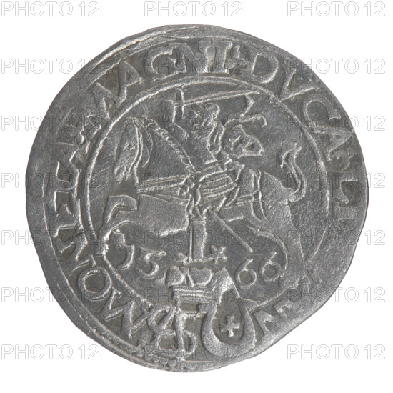 Lithuanian grosz on a Polish foot, Sigismund II Augustus (King of Poland; 1544–1572). Obverse: crowned male bust in armour turned right, separating a half-circle inscription SIGIS·AVG·REX; at bottom in two horizontal lines OLO·MAG / VX·L. Reverse: Lithuanian Pogon (Pursuit) turned left; below, under the crown, the date divided 15 - 66 and a tied monogram composed of the letters SA and the Jastrzebiec coat of arms, which divide the rim inscription MONETA·MAGNI·DVCA·LI. Monograms: tied monogram composed of SA. Style: Polish–Lithuanian coinage, Jagiellonian dynasty iconography. Date: 1566. Mint: Tykocin, Grand Duchy of Lithuania, Poland. Coin; diameter c.22.0–22.8 mm; weight 1.8 g. Maker: Myszkowski, Stanislaw (?–1570).