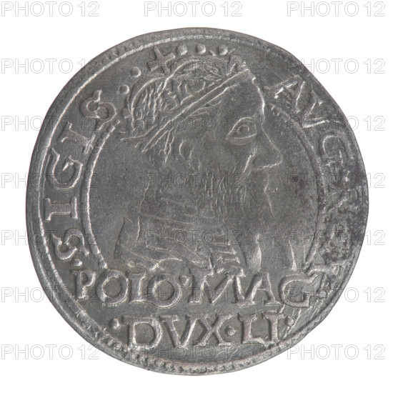 Lithuanian grosz on a Polish foot, Sigismund II Augustus (King of Poland; 1544–1572). Polish coin (1567). Obverse: Crowned male bust in armor turned right, inscription in half-circle: .SIGIS - AVG.REX; at bottom in two lines: POLO.MAG./.DVX.LI. Reverse: Lithuanian Pogon turned left, below a crown dividing the date 15 - 67, a monogram of the letters SA and the Columns of Gediminas coat of arms, which divide the rim inscription: MONETA.MAGNI.DVCA.LI. Diameter ca. 22.3–23.0 mm; weight 1.94 g.