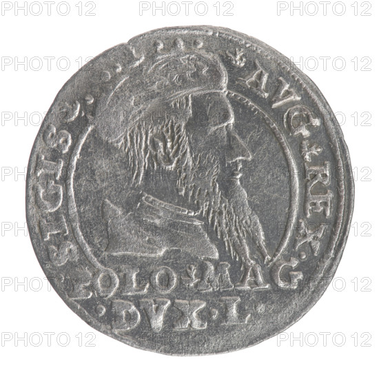 Lithuanian grosz on a Polish foot, Sigismund II Augustus (King of Poland; 1544–1572). Polish coin (1567). Obverse: Crowned male bust in armour turned right, separating a half-circle inscription 'SIGIS. - .AVG.REX.'; lower horizontal two-line legend '.POLO.MAG/.DVX.L.' Reverse: Lithuanian Chase (Pogon) turned left; below, under the crown, the date divided '15 - 67'; tied monogram composed of the letters SA and the Columns of Gediminas coat of arms; rim inscription 'MONETA.MAGNI.DVCA.LIT'. Diameter ~22.2–22.7 mm; weight 1.75 g.