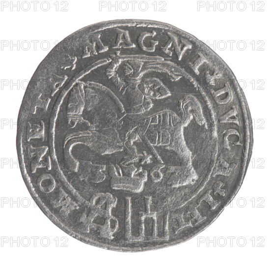 Lithuanian grosz on a Polish foot, Sigismund II Augustus (King of Poland; 1544–1572). Polish coin (Jagiellonian dynasty) with coats of arms: Pogon (Lithuania) and Columns of Gediminas. Obverse: Crowned male royal bust in armour turned right, separating an inscription in a half-circle at the top: SIGIS. - .AVG.REX.; at the bottom horizontally in two lines: .POLO.MAG/.DVX.L. Reverse: Lithuanian chase (Pogon) turned left; below, under the crown dividing the date 15 - 67, a tied monogram composed of the letters SA and the Columns coat of arms that divide the rim inscription: MONETA.MAGNI.DVCA.LIT. Date: 1567. Coin of the Grand Duchy of Lithuania (then in union with Poland). Diameter ~22.2–22.7 mm; weight ~1.75 g.