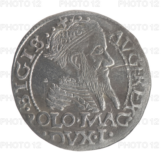 Lithuanian grosz on a Polish foot, Sigismund II Augustus (King of Poland; 1544–1572). Obverse: crowned male bust in armor turned right, inscription in half-circle 'SIGIS-AVG.REX' and at bottom in two lines 'POLO.MAG / DVX.L.' Reverse: Lithuanian Pogon (mounted knight) turned left, under a crown dividing the date 15-67, monogram consisting of the letters SA and the Columns of Gediminas coat of arms, which divide the rim inscription 'MONETA.MAGNI.DVCA.LI.' 1567. Coin from Vilnius, Grand Duchy of Lithuania (Poland–Lithuania). Diameter ca. 22–23 mm; weight 1.98 g.
