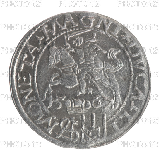 Lithuanian grosz on a Polish foot, Sigismund II Augustus (King of Poland; 1544–1572). Polish coin (1567), Jagiellonian dynasty; obverse: crowned male bust in armour turned right, inscription in half-circle: .SIGIS - AVG.REX, and at bottom in two lines: POLO.MAG/.DVX.L. Reverse: Lithuanian Pogon (coat of arms) turned left, below under a crown dividing the date 15 - 67, a tied monogram of the letters SA and the Columns of Gediminas (coat of arms of Lithuania), rim inscription: MONETA.MAGNI.DVCA.LI. Diameter 22.0–23.0 mm; weight 1.98 g.