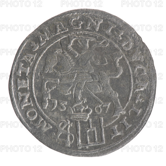 Lithuanian grosz on a Polish foot, Sigismund II Augustus (King of Poland; 1544–1572). Silver coin, 1567. Obverse: Crowned male bust in armour turned right, inscription in half-circle 'SIGIS...' and horizontally at bottom in two lines '.REX./.POLO.MAG/.DVX.L.' Reverse: Lithuanian Pogon (Chase) turned left, under the crown dividing the date 15 - 67; tied monogram composed of the letters SA and Columns of Gediminas (coat of arms of Lithuania) dividing the rim inscription 'MONETA.MAGNI.DVCA.LIT'. Diameter ca. 22.6–23.0 mm; weight 1.9 g.