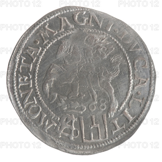 Lithuanian grosz on a Polish foot, Sigismund II Augustus (King of Poland; 1544–1572). Obverse: Crowned male bust in armour turned right, separating inscription in a half-circle at top: SIGIS. - .AVG:REX; at bottom horizontally in two lines: .POLO:MAG/.DVX.L. Reverse: Lithuanian Chase (Pogon) turned left; below, under the crown dividing the date 15 - 68, a tied monogram composed of the letters SA and the Columns of Giedymin (coat of arms of Lithuania) that divide the inscription on the rim: MONETA.MAGNI.DVCA.LIT. Monogram SA. 1568. Polish–Lithuanian coin; dia. 23.0–23.5 mm; weight 2.05 g.