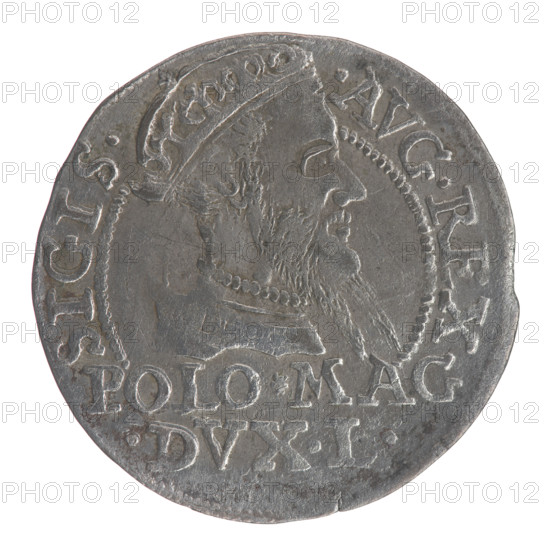 Lithuanian grosz on a Polish foot, Sigismund II Augustus (King of Poland; 1544–1572). Silver coin (grosz), 1568. Obverse: Crowned male (royal) bust in armour turned right, separating inscription in a half-circle at top: SIGIS. - .AVG.REX; at bottom in two horizontal lines: .POLO.MAG./.DVX.L. Reverse: Lithuanian Chase (Pogon) turned left; under the crown dividing the date 15 - 68; tied monogram composed of the letters SA and the Columns of Gediminas (Lithuanian coat of arms) divide the rim inscription: MONETA.MAG. DVCA.LIT. Diameter ~22.8–23.0 mm; weight 1.84 g.