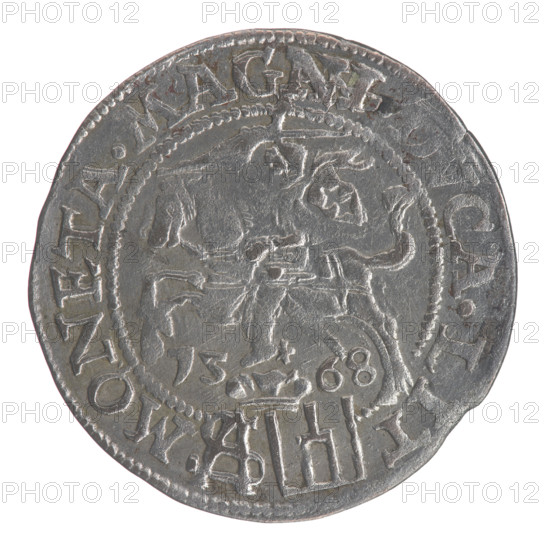 Lithuanian grosz on a Polish foot, Sigismund II Augustus (King of Poland; 1544–1572). Polish coin (1568). Obverse: Crowned male bust in armour turned right, inscription in half-circle: SIGIS. - .AVG.REX; at bottom in two lines: .POLO.MAG./.DVX.L. Reverse: Lithuanian Chase (Pogon) turned left; below, under the crown dividing the date 15 - 68, a tied monogram composed of the letters SA and the Columns of Gediminas coat of arms. Rim inscription: MONETA.MAG, DVCA.LIT. Diameter ca. 22.8–23.0 mm; weight 1.84 g.