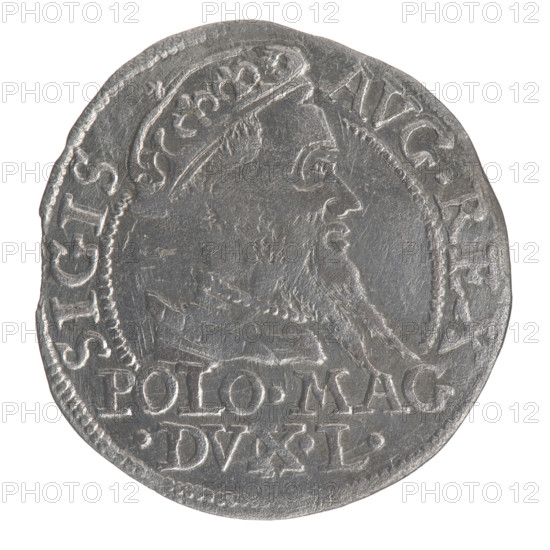 Lithuanian grosz on a Polish foot, Sigismund II Augustus (King of Poland; 1544–1572); Polish coins; Jagiellon dynasty; coats of arms; Pogon (coat of arms; Lithuania); male busts; royal bust; Sigismund II Augustus (King of Poland; 1520–1572) — iconography; monograms; tied monograms; monogram SA; Columns of Gediminas (coat of arms of Lithuania). Obv.: Crowned male bust in armor turned right, separating at the top an inscription in a half-circle: SIGIS-AVG.REX; at the bottom horizontally in two lines: POLO.MAG/.DVX.L. Rev.: Lithuanian Pogon turned left; below under a crown dividing the date 15-68, a bonded monogram consisting of the letters SA and the Columns coat of arms, which divide the rim inscription: MONETA.MAGNI.DVCA.LIT. Date: 1568. Place: Vilnius, Grand Duchy of Lithuania (Poland–Lithuania). Coin; diameter 22.3–23.4 mm; weight 1.9 g.