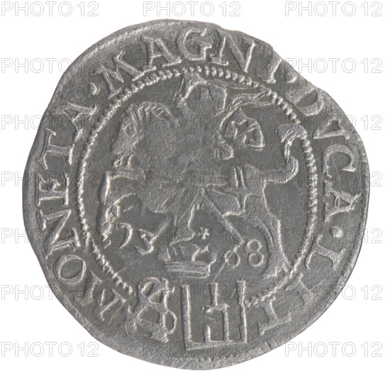 Lithuanian grosz on a Polish foot, Sigismund II Augustus (King of Poland; 1544–1572). Obverse: Crowned male bust in armor turned right, inscription in a half-circle: SIGIS-AVG.REX; at bottom in two lines: POLO.MAG/.DVX.L. Reverse: Lithuanian Pogon (running knight) turned left, below under a crown dividing the date 15-68, a bonded monogram of the letters SA and the Columns of Gediminas coat of arms, which divide the rim inscription: MONETA.MAGNI.DVCA.LIT. Date: 1568, place: Vilnius, Grand Duchy of Lithuania (Poland–Lithuania). Coin, diameter ~22.3–23.4 mm, weight ~1.9 g.