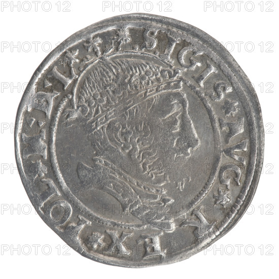 Lithuanian grosz on a Lithuanian foot, Sigismund II Augustus (King of Poland; 1544–1572). Obverse: crowned male bust in armour in profile turned right; rim inscription divided at the top by a crown cross and at the bottom by armour: SIGIS.AVG.R - EX.POL.M:D:L. Reverse: Lithuanian Pursuit turned left, below the Column coat of arms and the date 15-45; rim inscription: MONETA.MAG.DVCAT.LITVA. 1545. Coin, diameter ~25.0–25.4 mm, weight 2.46 g.