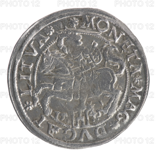 Lithuanian grosz on a Lithuanian foot, Sigismund II Augustus (King of Poland; 1544–1572). Obverse: crowned male bust in armour in profile facing right; rim inscription divided at the top by a crown cross and at the bottom by armour: .SIGIS.AVG.R - EX.POL.M:D:L. Reverse: Lithuanian Pursuit (Pogon) turned left, below the Column coat of arms and the date 15-45; rim inscription: .MONETA.MAG.DVCAT.LITVA. Date: 1545. Material: coin. Diameter: ~25.0–25.4 mm. Weight: 2.46 g.