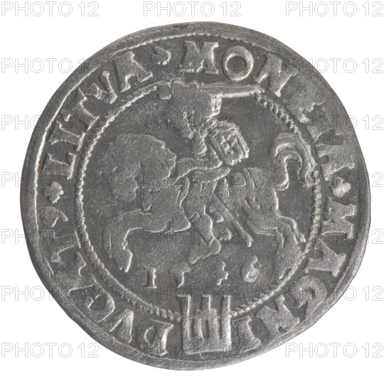 Lithuanian grosz on a Lithuanian foot, Sigismund II Augustus (King of Poland; 1544–1572); coats of arms; Jagiellons (dynasty); Polish coins; royal male bust; Sigismund II Augustus (1520–1572) — iconography; Pogon (coat of arms; Lithuania); Columns of Gediminas (coat of arms of Lithuania). Obverse: crowned male bust in armour, profile to right; rim inscription divided at top by a crown cross: .SIGIS.AVG.REX.POL.MAG.DVX.L. Reverse: Lithuanian Pursuit facing left, below the date 1546 and the Column coat of arms dividing the rim inscription: .MONETA.MAGNI-DVCAT9.LITVA. Date: 1546. Place: Vilnius, Grand Duchy of Lithuania. Coin; diameter 24.6–25.0 mm; weight 2.44 g.
