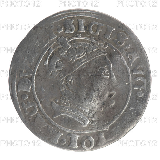 Lithuanian grosz (1546) — obverse: crowned male bust in armour, profile to right, rim inscription divided at top by a crown cross: .SIGIS., POL.MAG.DV, I; reverse: Lithuanian Pogon (Columns of Gediminas coat of arms) facing left, below the date 1546 and the Column coat of arms dividing the rim inscription: ONE, .MAGNI - DVC, ITV. Sigismund II Augustus (King of Poland, 1520–1572), Jagiellonian dynasty; Polish–Lithuanian coin (Grand Duchy of Lithuania), diameter ~24.6–24.7 mm, weight 2.35 g.