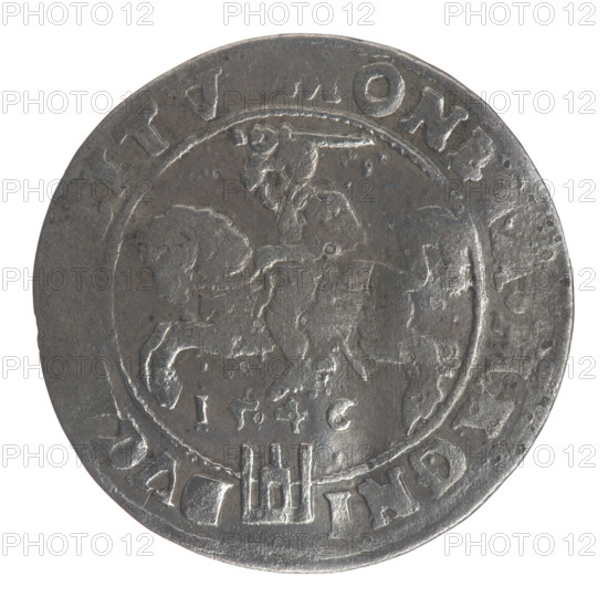 Lithuanian grosz on a Lithuanian foot, Sigismund II Augustus (King of Poland; 1544–1572), Jagiellonians (dynasty); coats of arms; Polish coins; royal bust; Sigismund II Augustus (King of Poland; 1520–1572) — iconography; male busts; Columns of Gediminas (coat of arms of Lithuania); Pogon (coat of arms; Lithuania). Obverse: crowned male bust in armour with profile turned to the right; in the rim an inscription divided at the top by a crown cross: .SIGIS., POL.MAG.DV I. Reverse: Lithuanian Pursuit facing left, below the date 1546 and the Column coat of arms dividing the inscription in the rim: ONE .MAGNI - DVC ITV. 1546. Grand Duchy of Lithuania; coin; diameter 24.6–24.7 mm; weight 2.35 g.