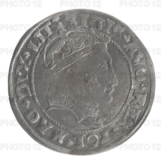 Obverse: Crowned male bust in armour with profile turned to the right; rim inscription divided at the top by a crown cross: .SIGIS.AVG.REX.POL.MAG.DVX.LIT. Reverse: Lithuanian Pogon (Pursuit) facing left; below the date 1546 and the Columns of Gediminas coat of arms dividing the rim inscription: .MONETA.MAGNI - DVCAT9.LITVA. Lithuanian grosz on a Lithuanian foot, Sigismund II Augustus (1520–1572), Jagiellonian dynasty; Polish–Lithuanian coin, 1546, diameter ~24.8–25.0 mm, weight 2.35 g.