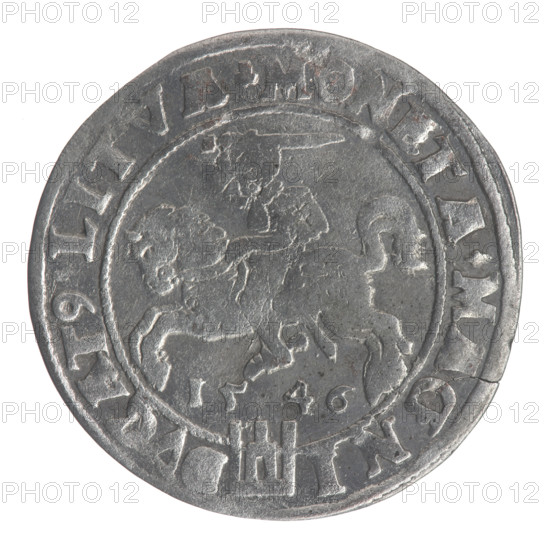 Lithuanian grosz on a Lithuanian foot, Sigismund II Augustus (King of Poland; 1544–1572). Obverse: crowned male bust in armour, profile right; rim inscription divided at top by a crown cross: .SIGIS.AVG.REX.POL.MAG.DVX.LIT. Reverse: Lithuanian Pogon (Pursuit) facing left, below the date 1546 and the Columns of Gediminas coat of arms dividing the rim inscription: .MONETA.MAGNI-DVCAT9.LITVA. 1546. Coin of the Grand Duchy of Lithuania (Vilnius). Diameter ca. 24.8–25.0 mm; weight 2.35 g. Subjects: Polish coins; Jagiellonians dynasty; royal/male busts; iconography of Sigismund II Augustus; Columns of Gediminas; Pogon.