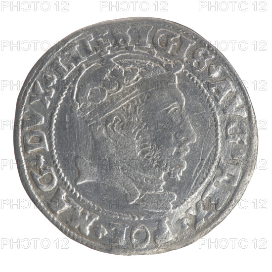 Lithuanian grosz on a Lithuanian foot, Sigismund II Augustus (King of Poland; 1544–1572), coats of arms, Jagiellonians (dynasty), royal bust, Polish coins, Sigismund II Augustus (King of Poland; 1520–1572) — iconography; Columns of Gediminas (coat of arms of Lithuania), male busts, Pogon (coat of arms; Lithuania). Obverse: Crowned male bust in armour with profile turned to the right; rim inscription divided at the top by a crown cross: .SIGIS.AVG.REX.POL.MAG.DVX.LIT. Reverse: Lithuanian Pursuit (Pogon) facing left, below the date 1546 and the Column coat of arms dividing the rim inscription: .MONETA.MAGNI - DVCAT9.LITVAN. 1546, Vilnius, Grand Duchy of Lithuania; coin; diameter ~24.4–24.7 mm; weight 2.31 g.