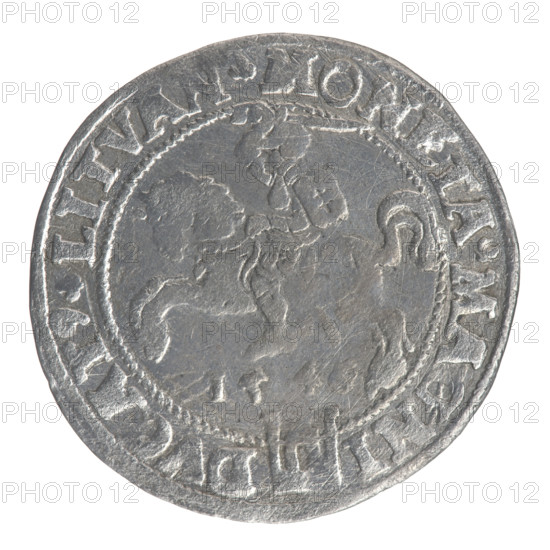 Lithuanian grosz on a Lithuanian foot, Sigismund II Augustus (King of Poland; 1544–1572). Obverse: crowned male bust in armour, profile to the right, rim inscription divided at top by a crown cross: .SIGIS.AVG.REX.POL.MAG.DVX.LIT. Reverse: Lithuanian Pogon (Pursuit) facing left, below date 1546 and Columns of Gediminas (coat of arms) dividing the rim inscription: .MONETA.MAGNI-DVCAT9.LITVAN. 1546. Silver coin; diameter ~24.4–24.7 mm; weight 2.31 g.