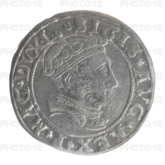 Lithuanian grosz on a Lithuanian foot, Sigismund II Augustus (King of Poland; 1544–1572), coats of arms, Jagiellons (dynasty), Polish coins, male busts, royal bust, Sigismund II Augustus (King of Poland; 1520–1572) - iconography, Pogon (coat of arms; Lithuania), Columns of Gediminas (coat of arms of Lithuania). Obv.: Crowned male bust in armour with profile turned to the right; rim inscription divided at the top by a crown cross: .SIGIS.AVG.REX.P.MAG.DVX.L. Rev.: Lithuanian Pursuit facing left, below the date 1546 and the Column coat of arms dividing the rim inscription: .MONETA.MAGNI - DVCAT9.LITVA. 1546. Coin; diameter 24.2–24.8 mm; weight 2.44 g.