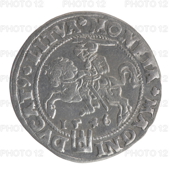 Lithuanian grosz on a Lithuanian foot, Sigismund II Augustus (King of Poland; 1544–1572). Obverse: crowned male bust in armour, profile to the right; rim inscription divided at top by a crown cross: .SIGIS.AVG.REX.P.MAG.DVX.L. Reverse: Lithuanian Pogon (Pursuit) facing left, below the date 1546 and the Columns of Gediminas coat of arms dividing the rim inscription: .MONETA.MAGNI - DVCAT9.LITVA. 1546. Coin of the Grand Duchy of Lithuania (Vilnius, Poland), Polish–Lithuanian Jagiellon dynasty iconography. Diameter ca. 24.2–24.8 mm; weight 2.44 g.