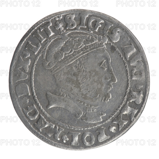 Lithuanian grosz on a Lithuanian foot, Sigismund II Augustus (King of Poland; 1544–1572). Obverse: crowned male bust in armour, profile turned right; rim inscription divided at top by a crown cross: .SIGIS.AVG.REX.POL.MAG.DVX.LIT. Reverse: Lithuanian Pogon (Pursuit) facing left; below the date 1546 and the Columns of Gediminas coat of arms dividing the rim inscription: .MONETA.MAGNI - DVCAT9.L. Minted 1546, Vilnius, Grand Duchy of Lithuania. Coin diameter c. 24.6–24.9 mm, weight 2.36 g.