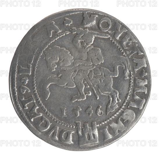Lithuanian grosz on a Lithuanian foot, Sigismund II Augustus (King of Poland; 1544–1572), coats of arms, Jagiellons (dynasty), royal bust, Polish coins, male busts, Pogon (coat of arms; Lithuania), Sigismund II Augustus (King of Poland; 1520–1572) - iconography, Columns of Gediminas (coat of arms of Lithuania). Obverse: Crowned male bust in armour with profile turned to the right; rim inscription divided at the top by a crown cross: .SIGIS.AVG.REX.POL.MAG.DVX.LIT. Reverse: Lithuanian Pursuit (Pogon) facing left, below the date 1546 and the Columns of Gediminas coat of arms dividing the rim inscription: .MONETA.MAGNI - DVCAT9.L. Minted 1546, Vilnius, Grand Duchy of Lithuania. Coin; diameters ~24.6–24.9 mm; weight 2.36 g.
