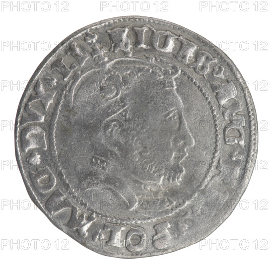 Lithuanian grosz on a Lithuanian foot, Sigismund II Augustus (King of Poland; 1544–1572), coats of arms, Jagiellon dynasty, Polish coins, royal male bust, Sigismund II Augustus (1520–1572) — iconography, Columns of Gediminas (coat of arms of Lithuania), Pogon (coat of arms; Lithuania). Obverse: crowned male bust in armour, profile to the right; rim inscription divided at the top by a crown cross: .SIGIS.AVG.R .POL.MAG.DVX.LI. Reverse: Lithuanian Pursuit (Pogon) facing left, below the date 15 46 and the Column coat of arms dividing the rim inscription: .MONETA.MAG - DVCAT9.LITVA. Date: 1546. Place: Vilnius, Grand Duchy of Lithuania. Coin: diameter 24.6–24.8 mm, weight 2.27 g.