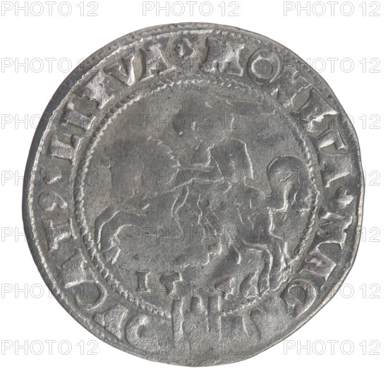 Obverse: Crowned male bust in armour, profile turned right; rim inscription divided at top by a crown cross: .SIGIS.AVG.R .POL.MAG.DVX.LI. Reverse: Lithuanian Pogon (Pursuit) facing left, below the date 15 46 and the Columns of Giedymin coat of arms dividing the rim inscription: .MONETA.MAG. - DVCAT9.LITVA. Coin: Lithuanian grosz (grosz on a Lithuanian foot) of Sigismund II Augustus (King of Poland, 1544–1572 / 1520–1572), Jagiellon dynasty; 1546; Grand Duchy of Lithuania, Vilnius. Diameter ~24.6–24.8 mm; weight 2.27 g.