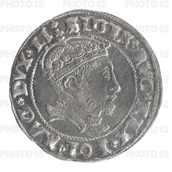 Lithuanian grosz on a Lithuanian foot, Sigismund II Augustus (King of Poland; 1544–1572), Jagiellonians (dynasty); coats of arms; Polish coins; royal male bust; Columns of Gediminas (coat of arms of Lithuania); Pogon (coat of arms; Lithuania); Sigismund II Augustus (King of Poland; 1520–1572) — iconography. Obverse: Crowned male bust in armour, profile to right; rim inscription divided at top by a crown cross: .SIGIS., G.REX.POL.MAG.DVX.LI. Reverse: Lithuanian Pursuit (Pogon) facing left, below the date 15 46 and the Column coat of arms dividing the rim inscription: .MONETA.MAGNI-DVCAT9.LITVA. 1546. Coin struck in Vilnius, Grand Duchy of Lithuania (Poland–Lithuania). Diameter c. 24.4–25.0 mm; weight 2.24 g.