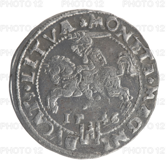 Lithuanian grosz on a Lithuanian foot, Sigismund II Augustus (King of Poland; 1544–1572), Jagiellonians (dynasty), coats of arms, Polish coins, royal bust, male busts, Columns of Gediminas (coat of arms of Lithuania), Pogon (coat of arms; Lithuania), Sigismund II Augustus (King of Poland; 1520–1572) — iconography. Obverse: Crowned male bust in armour, profile turned to the right; rim inscription divided at the top by a crown cross: .SIGIS., G.REX.POL.MAG.DVX.LI. Reverse: Lithuanian Pogon (Pursuit) facing left, below the date 15 46 and the Columns of Gediminas coat of arms dividing the rim inscription: .MONETA.MAGNI-DVCAT9.LITVA. 1546. Coin struck in Vilnius, Grand Duchy of Lithuania. Diameter ca. 24.4–25.0 mm; weight 2.24 g.