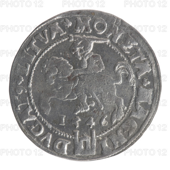 Lithuanian grosz on a Lithuanian foot, Sigismund II Augustus (King of Poland; 1544–1572). Obverse: crowned male bust in armour, profile to the right; rim inscription divided at the top by a crown cross: SIGIS.AVG.REX. O. MAG.DVC.LIT. Reverse: Lithuanian Pursuit (Pogon) facing left, below the date 1546 and the Columns of Gediminas coat of arms dividing the rim inscription: MONET. GNI. DVCAT9.LITVA. 1546. Materials/function: coin. Place/date: Vilnius, Grand Duchy of Lithuania, 1546. Diameter ~24.8–25.0 mm; weight 2.35 g. Subjects/themes: coats of arms, Jagiellonian dynasty, royal male bust, iconography of Sigismund II Augustus, Columns of Gediminas, Pogon.
