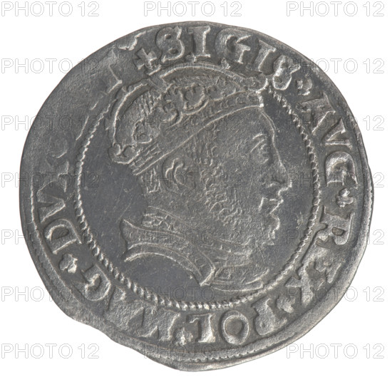 Obverse: Crowned male bust in armour with profile turned to the right; rim inscription divided at top by a crown cross: .SIGIS.AVG.REX.POL.MAG.DVX. Reverse: Lithuanian Pursuit (Pogon) facing left; below the date 1546 and the Columns of Gediminas coat of arms dividing the rim inscription: .MONETA.MA DVCAT9.LITVA. Inscription references Sigismund II Augustus (King of Poland, 1544–1572). Iconography: royal bust, coats of arms, Jagiellonian dynasty; materials and function: coin (Lithuanian grosz), datum 1546, Grand Duchy of Lithuania/Poland; diameter ~24.2–25.2 mm; weight 2.34 g.