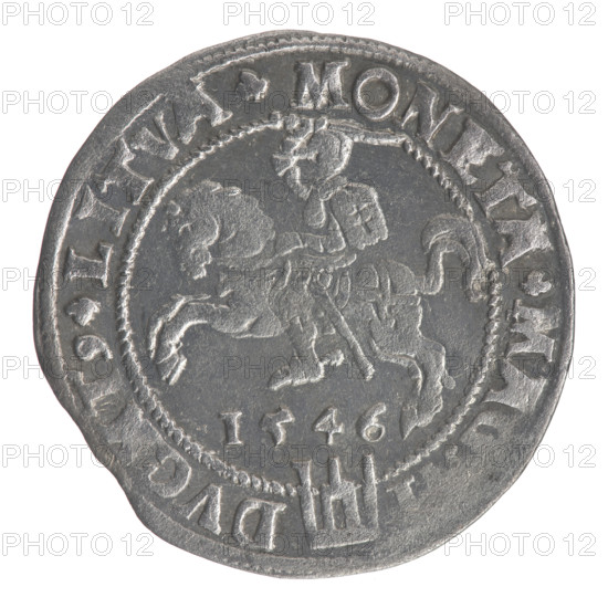 Lithuanian grosz on a Lithuanian foot, Sigismund II Augustus (King of Poland; 1544–1572), coats of arms, Jagiellonians (dynasty), royal bust, Polish coins, Sigismund II Augustus (King of Poland; 1520–1572) - iconography, Columns of Gediminas (coat of arms of Lithuania), male busts, Pogon (coat of arms; Lithuania). Obverse: Crowned male bust in armour with profile turned to the right; rim inscription divided at the top by a crown cross: .SIGIS.AVG.REX.POL.MAG.DVX. Reverse: Lithuanian Pursuit (Pogon) facing left, below the date 1546 and the Column coat of arms dividing the rim inscription: .MONETA.MA.DVCAT9.LITVA. 1546. Coin of the Grand Duchy of Lithuania; diameter 24.2–25.2 mm; weight 2.34 g.