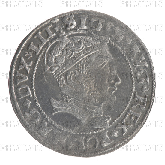 Lithuanian grosz on a Lithuanian foot, Sigismund II Augustus (King of Poland; 1544–1572), coats of arms, Jagiellons (dynasty), royal bust, Sigismund II Augustus (King of Poland; 1520–1572) — iconography, Polish coins, Columns of Gediminas (coat of arms of Lithuania), Pogon (coat of arms; Lithuania), male busts. Obv.: Crowned male bust in armour with profile turned to the right; in the rim an inscription divided at the top by a crown cross: .SIGIS.AVG.REX.POL.MAG.DVX.LIT. Rev.: Lithuanian Pursuit (Pogon) facing left, below the date 1546 and the Column coat of arms dividing the inscription in the rim: .MONETA.MAGNI-. 1546, Vilnius, Grand Duchy of Lithuania; coin; diameter ~24.5–24.9 mm; weight 2.34 g.