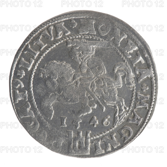 Lithuanian grosz on a Lithuanian foot, Sigismund II Augustus (King of Poland; 1544–1572), coats of arms, Jagiellon dynasty, royal bust, Sigismund II Augustus (King of Poland; 1520–1572) — iconography, Polish coin. Obverse: Crowned male bust in armour with profile turned to the right; rim inscription divided at the top by a crown cross: .SIGIS.AVG.REX.POL.MAG.DVX.LIT. Reverse: Lithuanian Pogon (Pursuit) facing left, below the date 1546 and the Columns of Gediminas coat of arms dividing the rim inscription: .MONETA.MAGNI. Attributes: 1546, Vilnius, Grand Duchy of Lithuania; coin; diameter approx. 24.5–24.9 mm; weight 2.34 g.